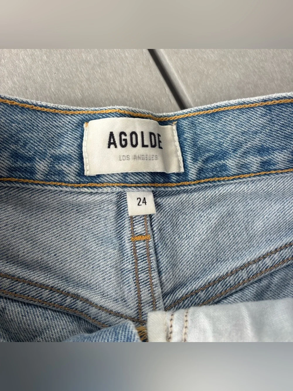 Agolde Parker Long Light Blue Distressed Cutoff Denim Shorts size 24